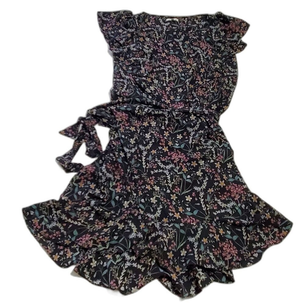 Max Studio floral ruffle midi dress L black